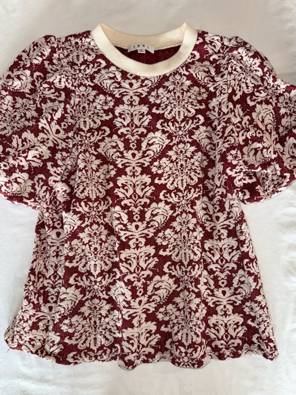 THML Textured Damask Short-Sleeve Top in Burgundy and Cream M